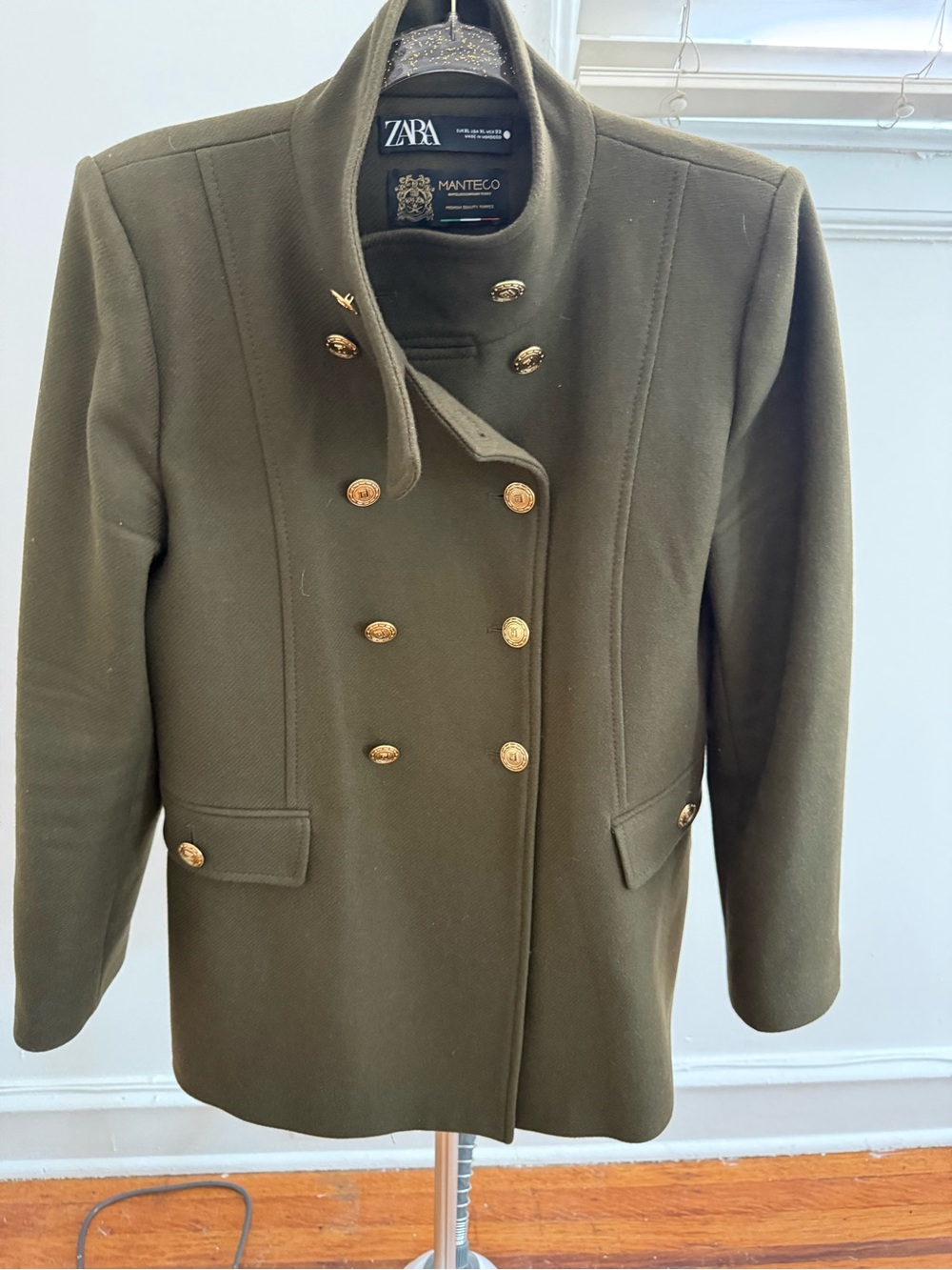 Zara Olive Green Double-Breasted Military-Style Coat with Gold Buttons